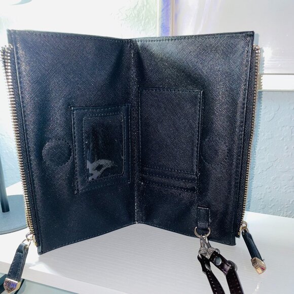 Black Saffiano Leather Dual Zip Wallet - Flat Open Organizer Clutch - Gold HW - Picture 3 of 7